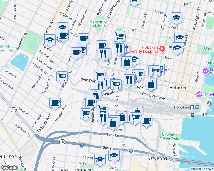 map of restaurants, bars, coffee shops, grocery stores, and more near 40 Jackson Street in Hoboken