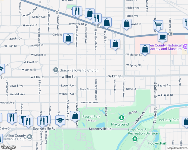 map of restaurants, bars, coffee shops, grocery stores, and more near 236 South Kenilworth Avenue in Lima