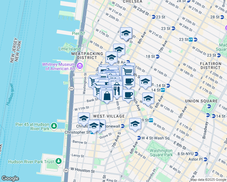 map of restaurants, bars, coffee shops, grocery stores, and more near 288 West 12th Street in New York