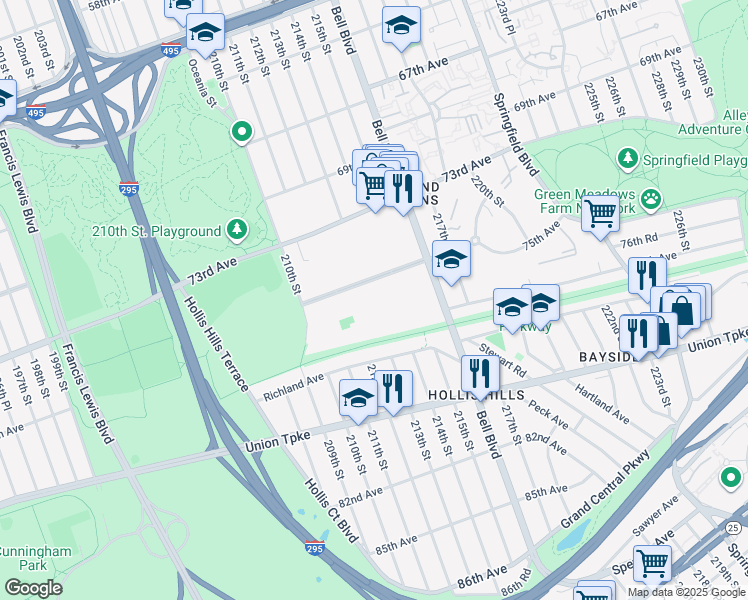 map of restaurants, bars, coffee shops, grocery stores, and more near 212-8 75th Avenue in Queens