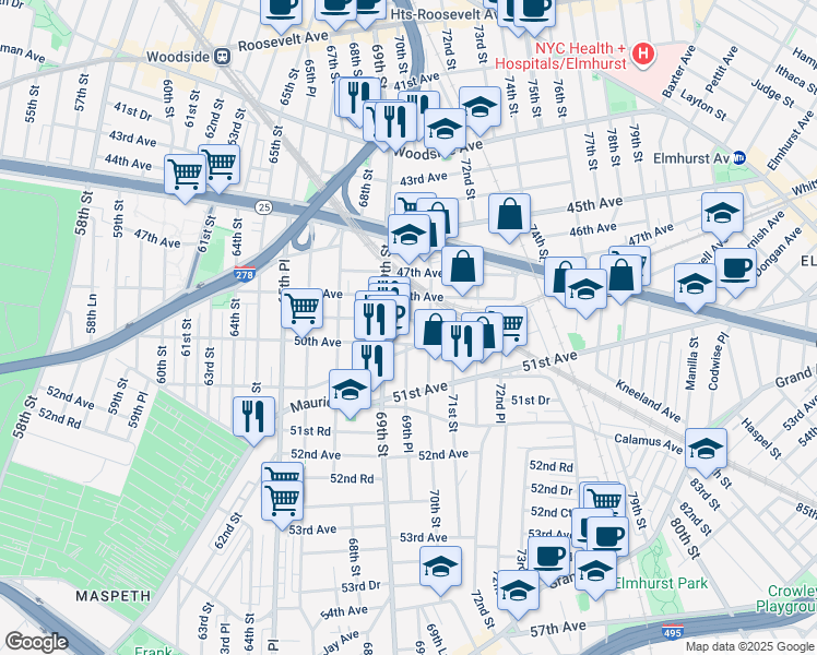 map of restaurants, bars, coffee shops, grocery stores, and more near 69-37 50th Avenue in Queens
