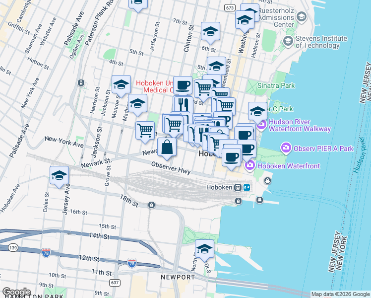 map of restaurants, bars, coffee shops, grocery stores, and more near Park Ave & Newark St in Hoboken