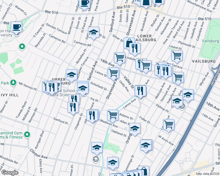 map of restaurants, bars, coffee shops, grocery stores, and more near 265 Stuyvesant Avenue in Newark