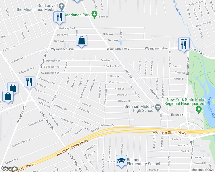 map of restaurants, bars, coffee shops, grocery stores, and more near 303 Westchester Avenue North in West Babylon