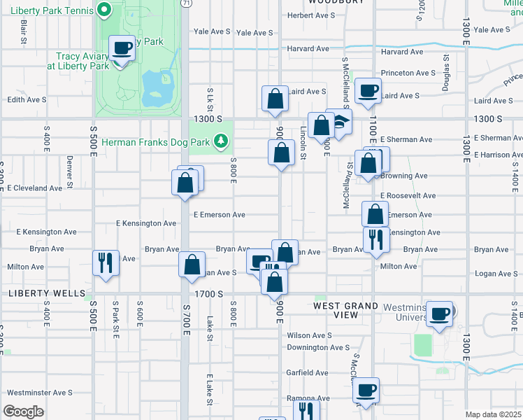 map of restaurants, bars, coffee shops, grocery stores, and more near 836 East Emerson Avenue in Salt Lake City
