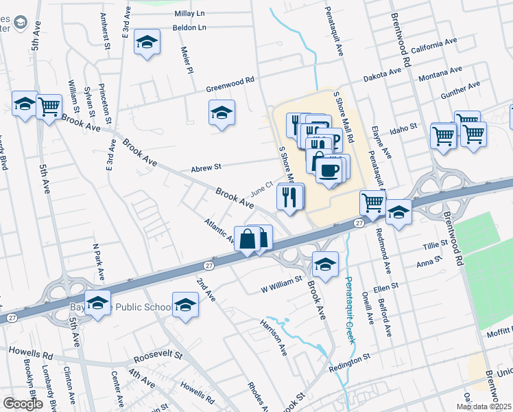 map of restaurants, bars, coffee shops, grocery stores, and more near 307 Brook Avenue in Bay Shore