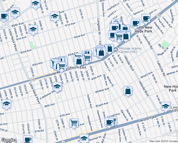 map of restaurants, bars, coffee shops, grocery stores, and more near 84-50 266th Street in Queens
