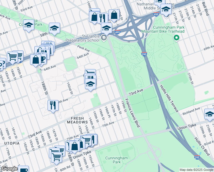 map of restaurants, bars, coffee shops, grocery stores, and more near 69-10 197th Street in Queens