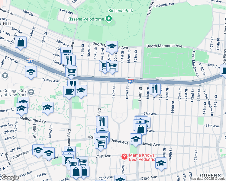 map of restaurants, bars, coffee shops, grocery stores, and more near 159-17 65th Avenue in Queens