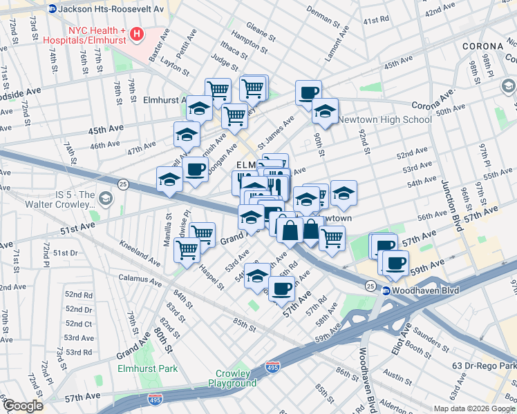 map of restaurants, bars, coffee shops, grocery stores, and more near in Queens