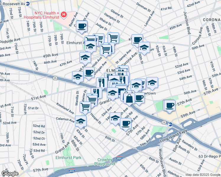 map of restaurants, bars, coffee shops, grocery stores, and more near 83-38 Queens Boulevard in Queens