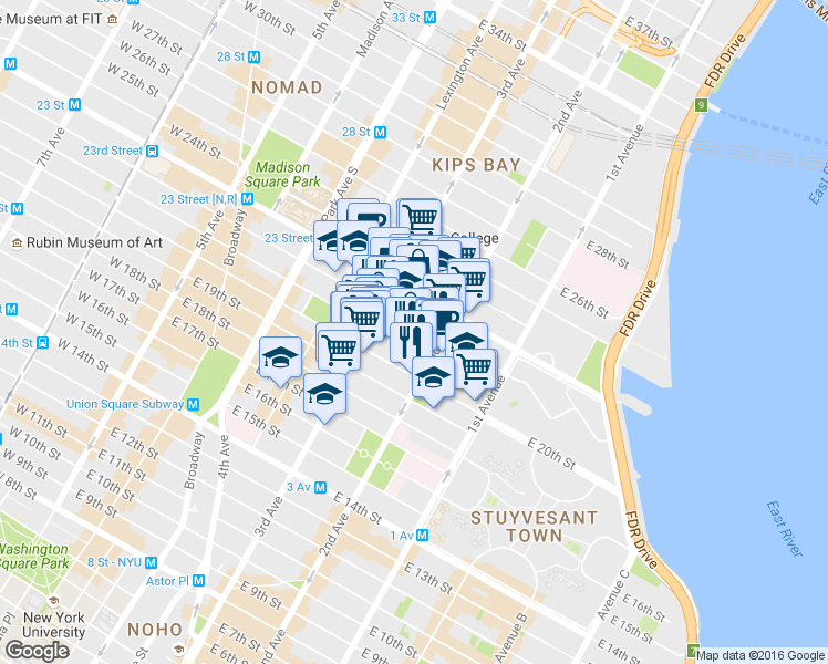 map of restaurants, bars, coffee shops, grocery stores, and more near 224 East 21st Street in New York