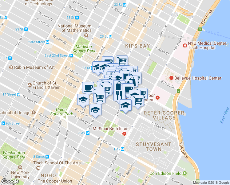 map of restaurants, bars, coffee shops, grocery stores, and more near 224 East 21st Street in New York