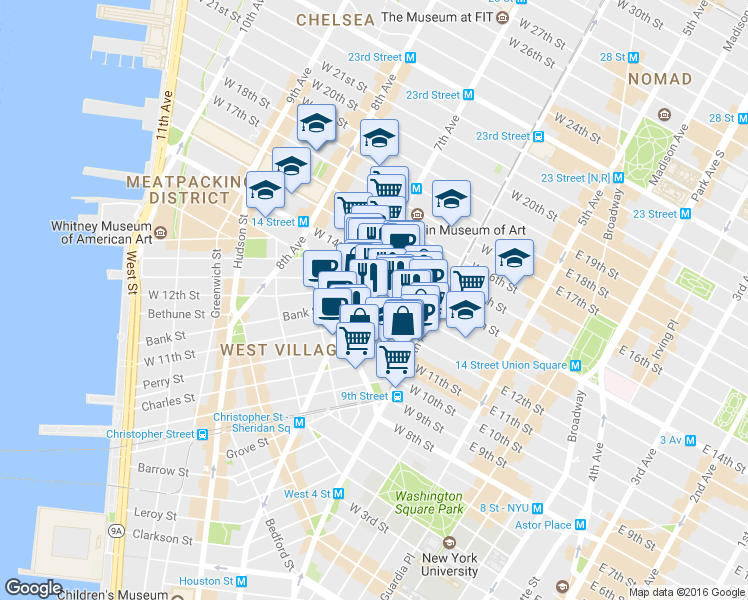 map of restaurants, bars, coffee shops, grocery stores, and more near 157 West 12th Street in New York