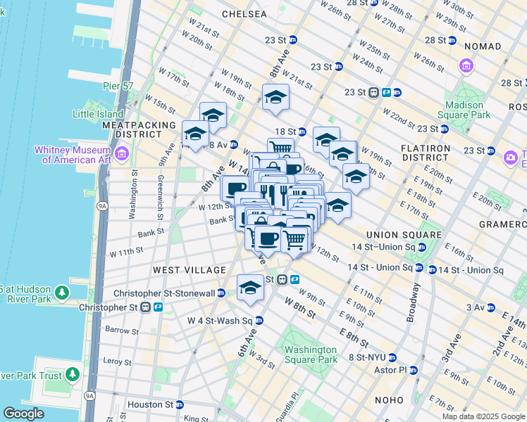 map of restaurants, bars, coffee shops, grocery stores, and more near 157 West 12th Street in New York
