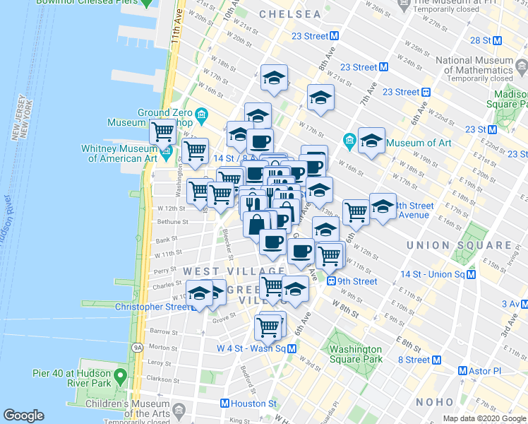 map of restaurants, bars, coffee shops, grocery stores, and more near 18 Bank Street in New York