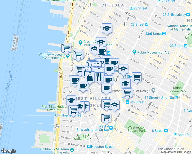map of restaurants, bars, coffee shops, grocery stores, and more near in New York