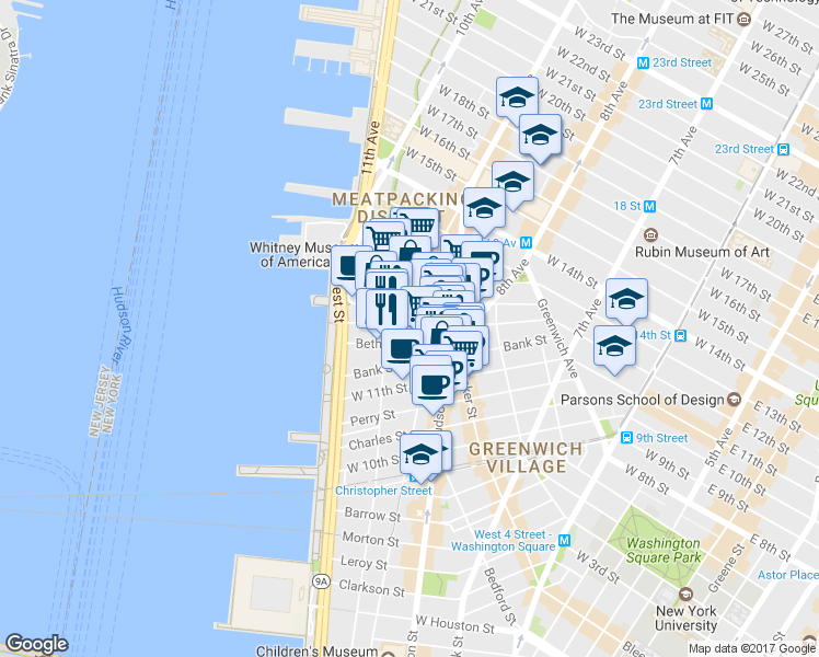map of restaurants, bars, coffee shops, grocery stores, and more near 20 Bethune Street in New York