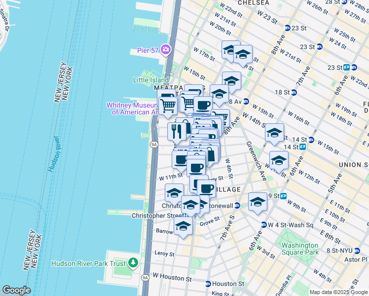 map of restaurants, bars, coffee shops, grocery stores, and more near 20 Bethune Street in New York