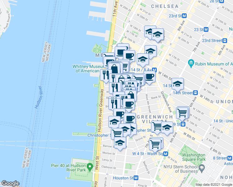 map of restaurants, bars, coffee shops, grocery stores, and more near 756 Washington Street in New York