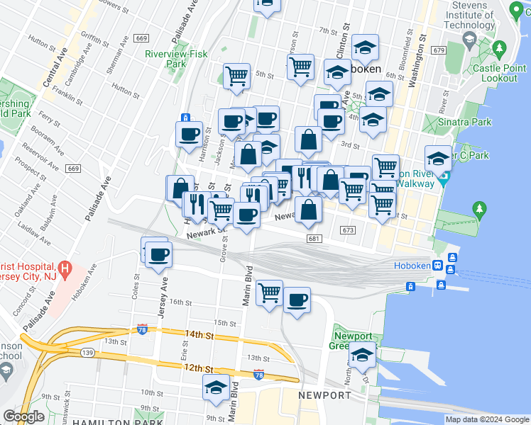 map of restaurants, bars, coffee shops, grocery stores, and more near 462 Newark Street in Hoboken