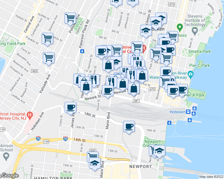 map of restaurants, bars, coffee shops, grocery stores, and more near 462 Newark Street in Hoboken