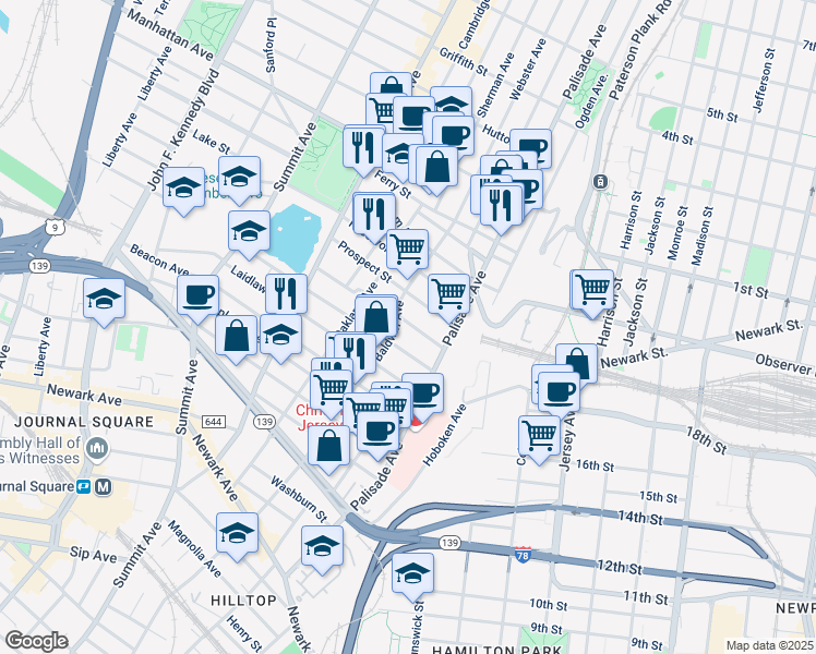 map of restaurants, bars, coffee shops, grocery stores, and more near 36 Jefferson Avenue in Jersey City