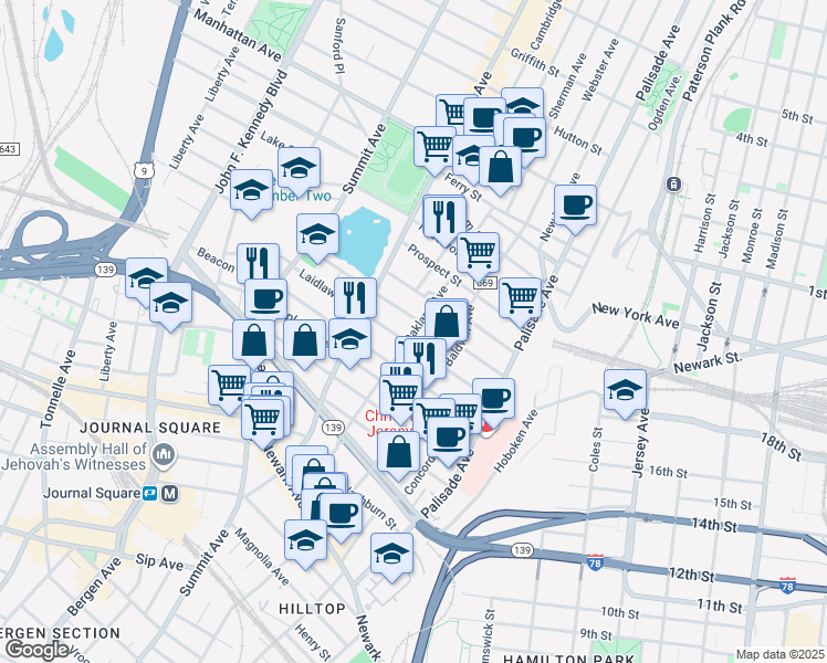 map of restaurants, bars, coffee shops, grocery stores, and more near 79 Laidlaw Avenue in Jersey City