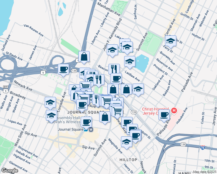map of restaurants, bars, coffee shops, grocery stores, and more near 639 Summit Avenue in Jersey City