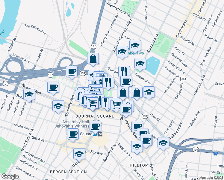 map of restaurants, bars, coffee shops, grocery stores, and more near 225 Saint Pauls Avenue in Jersey City
