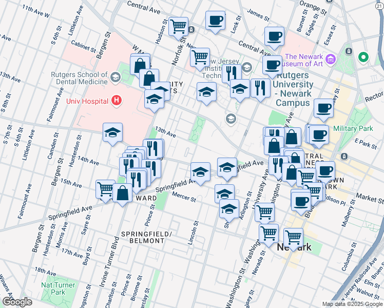 map of restaurants, bars, coffee shops, grocery stores, and more near 73 Howard Street in Newark