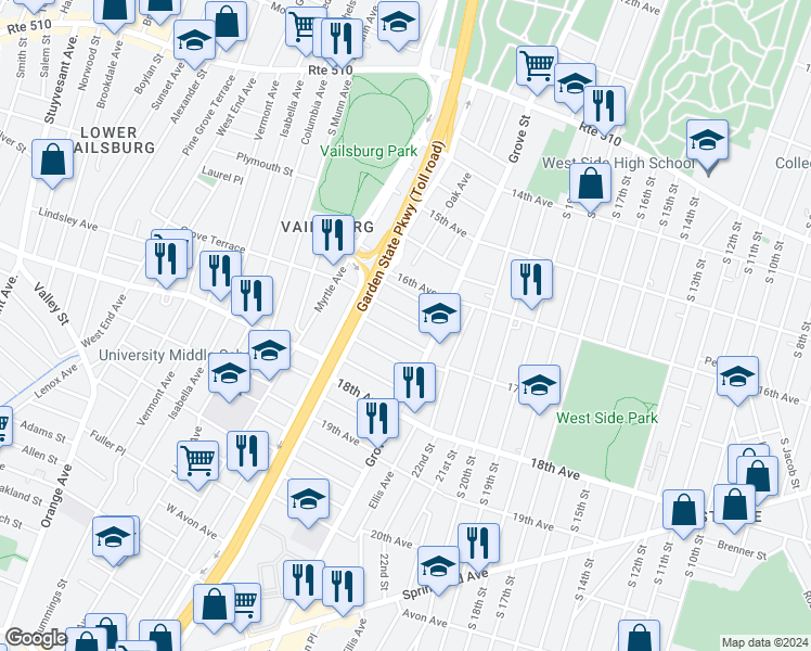 map of restaurants, bars, coffee shops, grocery stores, and more near 18 Montrose Terrace in Irvington