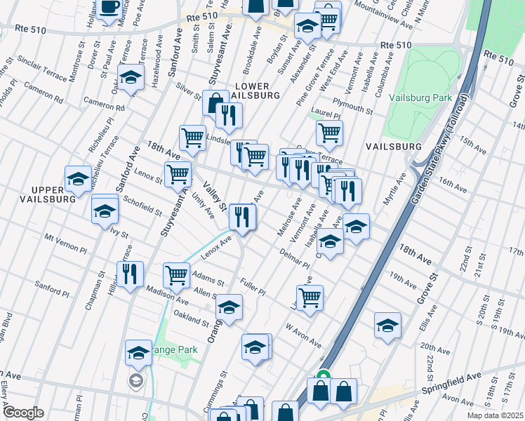 map of restaurants, bars, coffee shops, grocery stores, and more near 266 West End Avenue in Newark