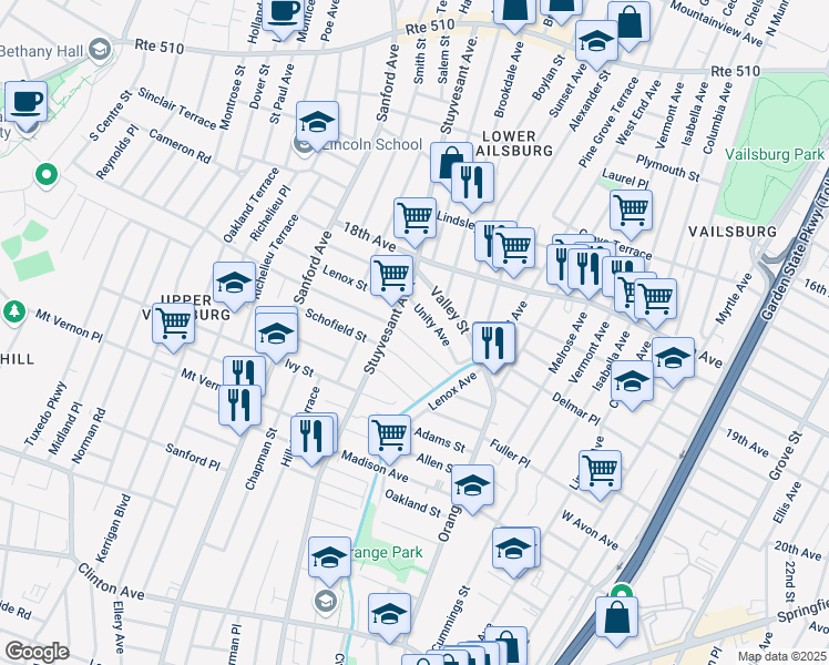 map of restaurants, bars, coffee shops, grocery stores, and more near 29-31 Underwood Street in Newark