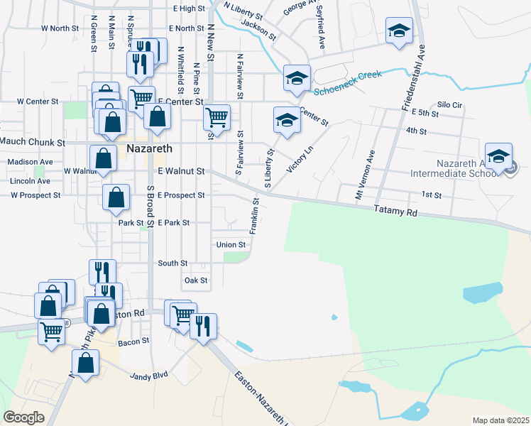 map of restaurants, bars, coffee shops, grocery stores, and more near 229 Franklin Street in Nazareth