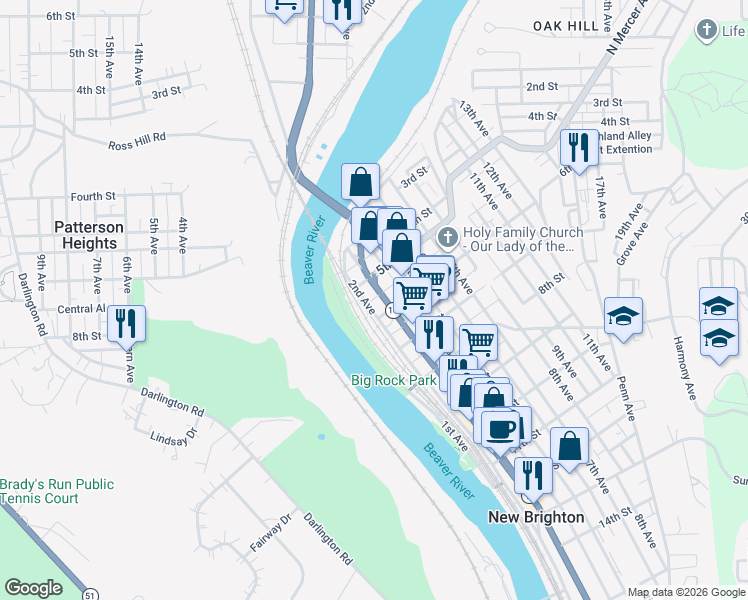 map of restaurants, bars, coffee shops, grocery stores, and more near 521 2nd Avenue in New Brighton