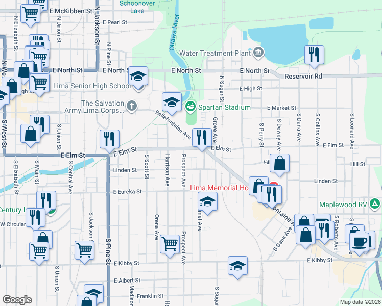 map of restaurants, bars, coffee shops, grocery stores, and more near 222 Calumet Avenue in Lima
