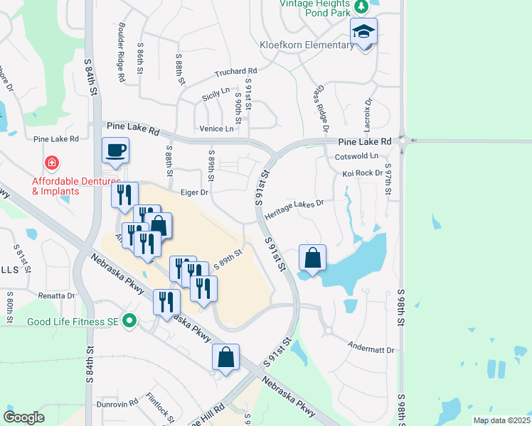 map of restaurants, bars, coffee shops, grocery stores, and more near 9011 Heritage Lakes Drive in Lincoln