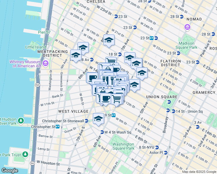 map of restaurants, bars, coffee shops, grocery stores, and more near 150 West 13th Street in New York