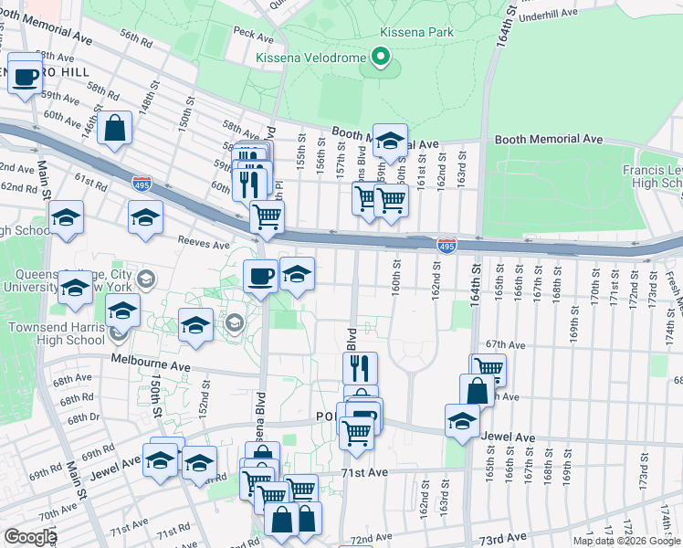 map of restaurants, bars, coffee shops, grocery stores, and more near 157-19 65th Avenue in Queens