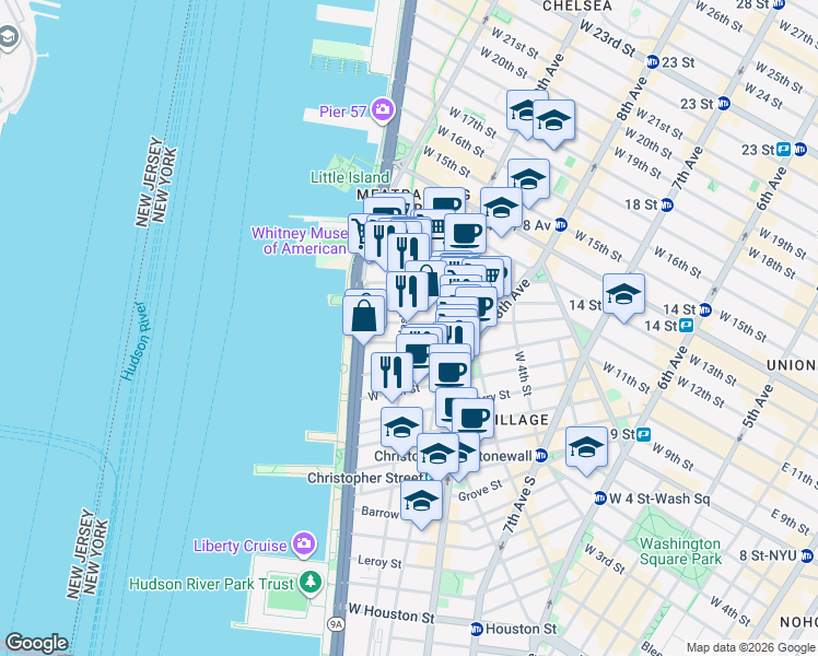 map of restaurants, bars, coffee shops, grocery stores, and more near 756 Washington Street in New York