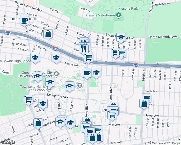 map of restaurants, bars, coffee shops, grocery stores, and more near 65-30 Kissena Boulevard in Queens