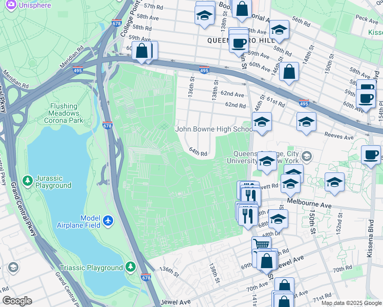 map of restaurants, bars, coffee shops, grocery stores, and more near 130-04 Horace Harding Expressway in Queens