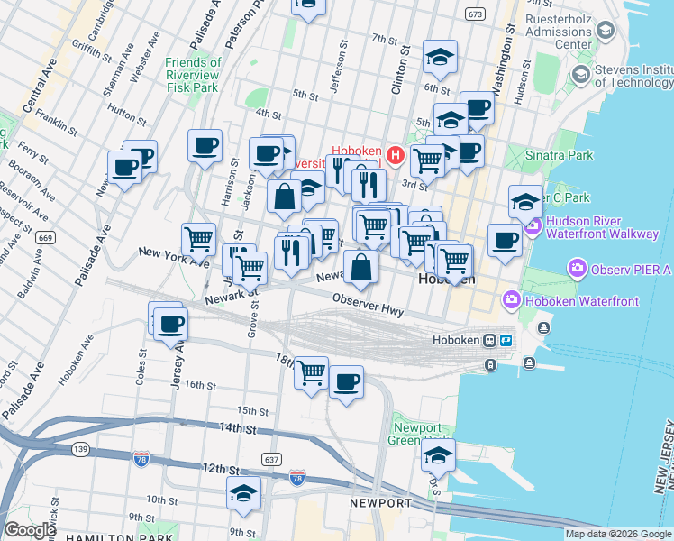 map of restaurants, bars, coffee shops, grocery stores, and more near 415 Newark Street in Hoboken