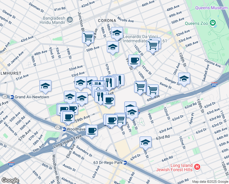 map of restaurants, bars, coffee shops, grocery stores, and more near 97-26 57th Avenue in Queens