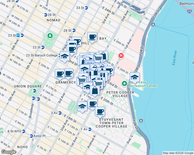 map of restaurants, bars, coffee shops, grocery stores, and more near 320 East 23rd Street in New York