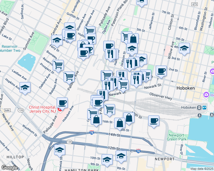 map of restaurants, bars, coffee shops, grocery stores, and more near 34 Harrison Street in Hoboken