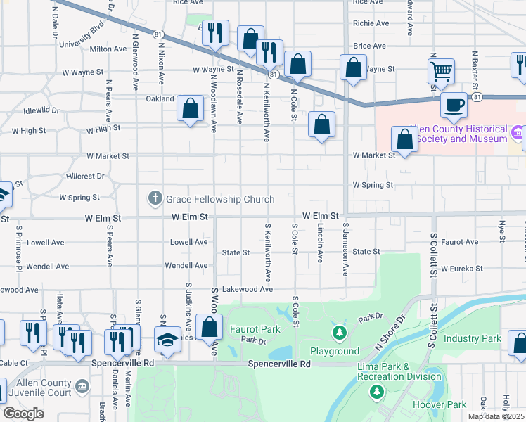 map of restaurants, bars, coffee shops, grocery stores, and more near 236 South Kenilworth Avenue in Lima