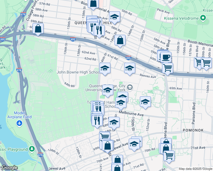 map of restaurants, bars, coffee shops, grocery stores, and more near 63-25 Main Street in Queens