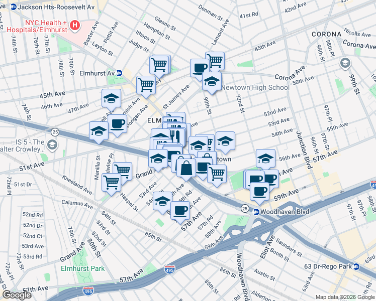 map of restaurants, bars, coffee shops, grocery stores, and more near 8629 Broadway in Queens